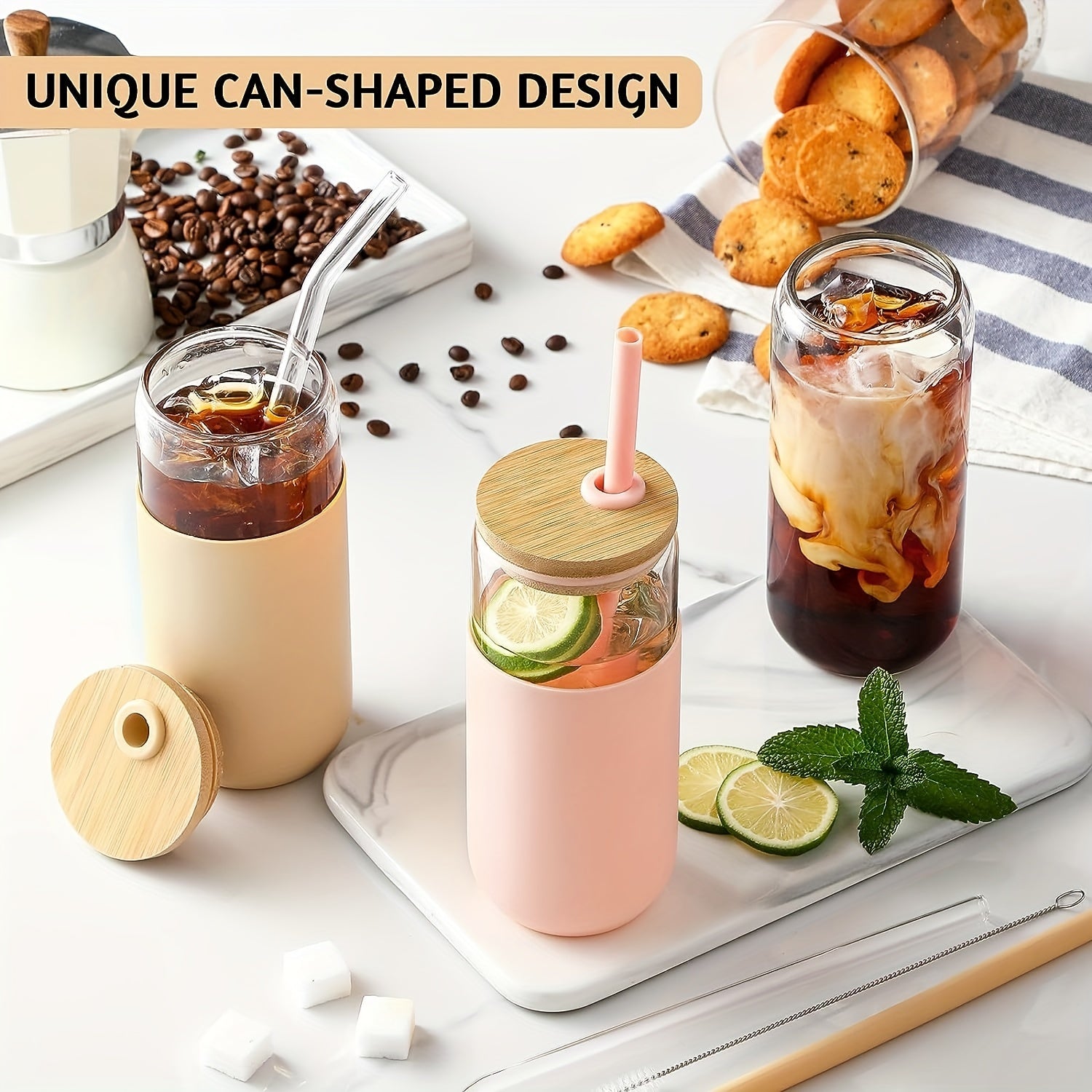 2pcs 20Oz U-Shaped Glass Cup Set with Lids, 2 -Grade Straws & Brushes, Pearl Cotton Boxed Glass Cups for Juice, Coffee, Smoothies, Party Drinks – Perfect Gift Idea