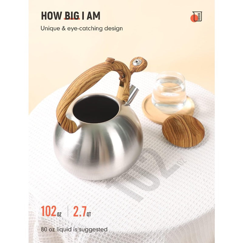 2. 7 Quart Tea Kettle for Stovetops - Food Grade Stainless Steel Teapot with Loud Whistle And Cool-Touch Wood Pattern Handle, Rust-Resistant Whistling Kettle - Classic Silver
