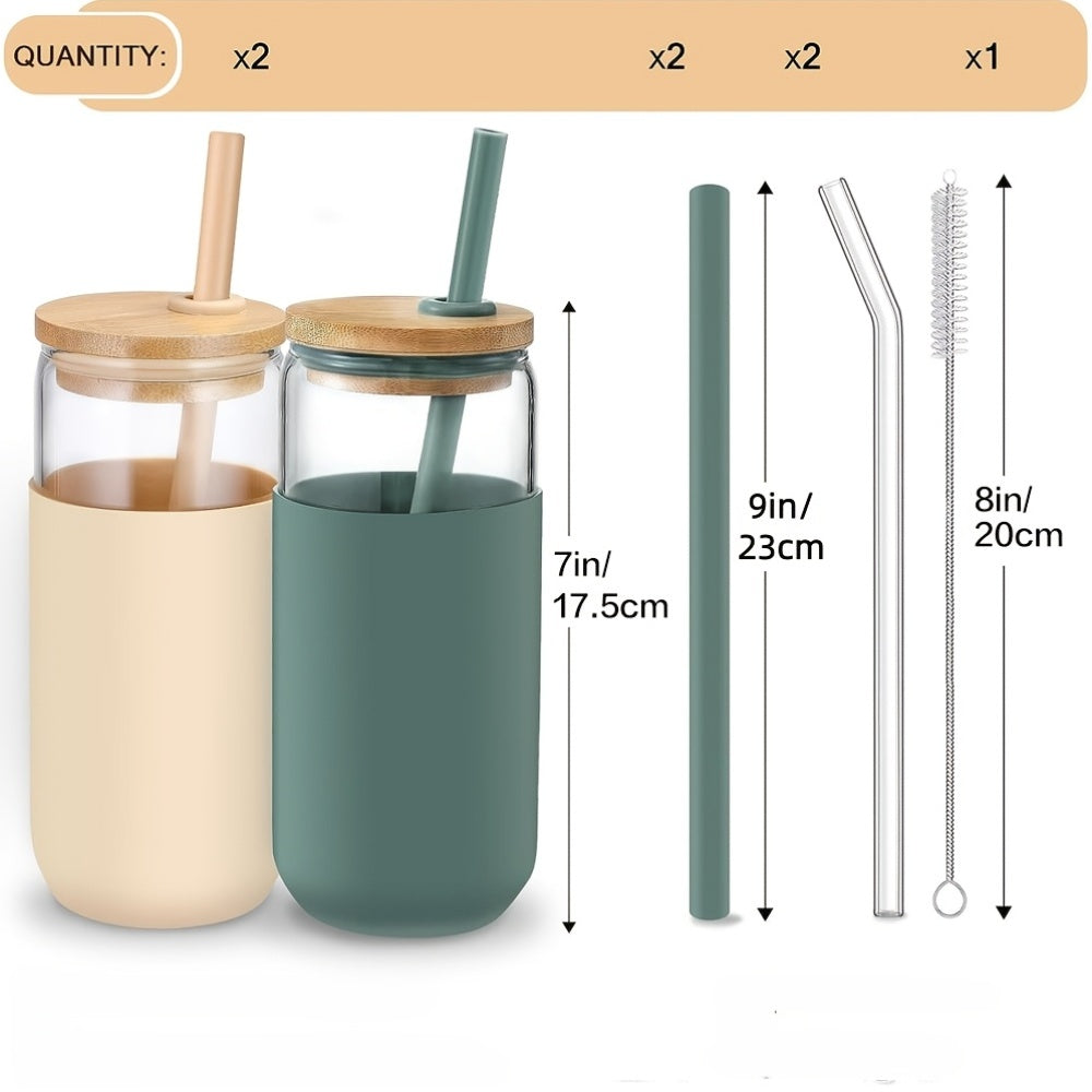2pcs 20Oz U-Shaped Glass Cup Set with Lids, 2 -Grade Straws & Brushes, Pearl Cotton Boxed Glass Cups for Juice, Coffee, Smoothies, Party Drinks – Perfect Gift Idea