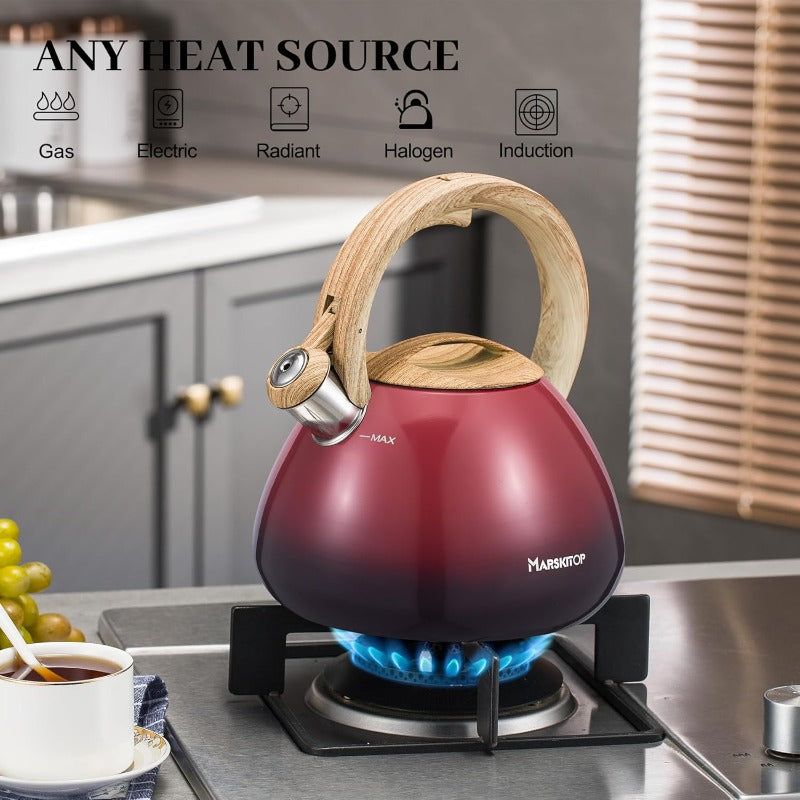 2.6 Quart\u002F24-Cup Stovetop Whistling Tea Kettle - Heavy-Duty Stainless Steel Teapot with One-Touch Pouring, -Hot Handle & Loud Whistle, Induction\u002F\u002F Compatible, Red - Food-Grade PFOA-Free Kettle for Large Families