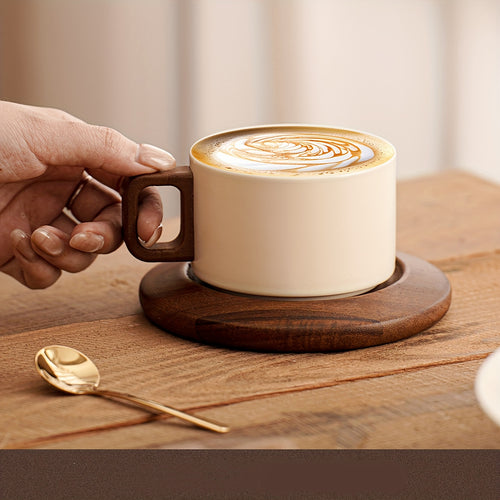 1 Set of 8.45oz Milky White Ceramic Coffee Cup and Saucer Set, Classic Straight Design, Heat-Resistant Handmade Coffee Cup, Mug, Latte Art Cup, Suitable for Coffee Art, Tea Cup, for Home, Cafes, and Gifting