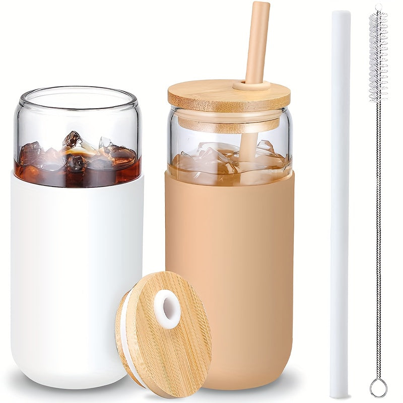 2pcs 20Oz U-Shaped Glass Cup Set with Lids, 2 -Grade Straws & Brushes, Pearl Cotton Boxed Glass Cups for Juice, Coffee, Smoothies, Party Drinks – Perfect Gift Idea