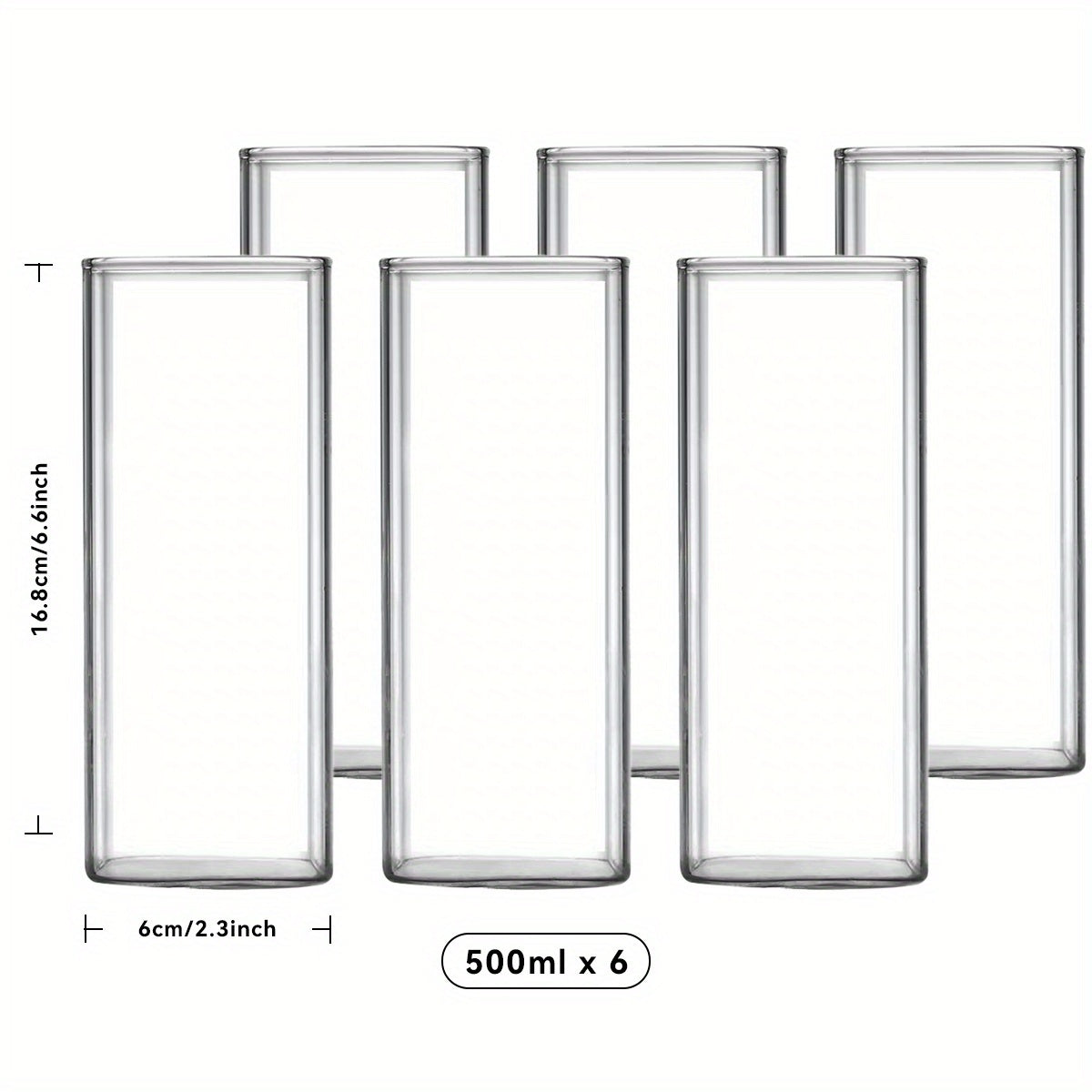 High-Temperature Resistant 6pcs High-Temperature Resistant Borosilicate Glass Cup Set | Transparent Square Single-Layer (250\u002F400\u002F500ml) - Large Capacity for Juice, Beverages, Coffee, Cocktails, Beer, Mixed Drinks