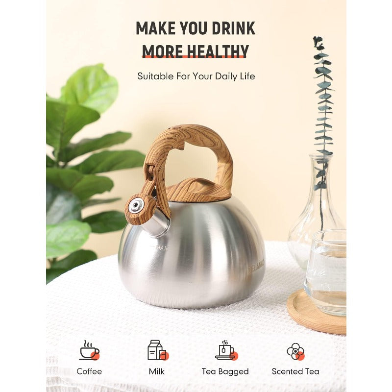 2. 7 Quart Tea Kettle for Stovetops - Food Grade Stainless Steel Teapot with Loud Whistle And Cool-Touch Wood Pattern Handle, Rust-Resistant Whistling Kettle - Classic Silver