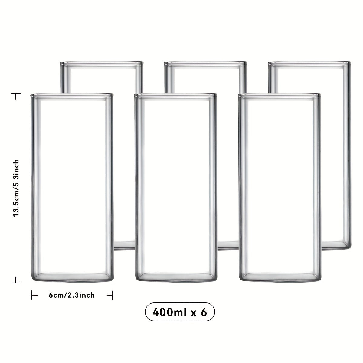 High-Temperature Resistant 6pcs High-Temperature Resistant Borosilicate Glass Cup Set | Transparent Square Single-Layer (250\u002F400\u002F500ml) - Large Capacity for Juice, Beverages, Coffee, Cocktails, Beer, Mixed Drinks