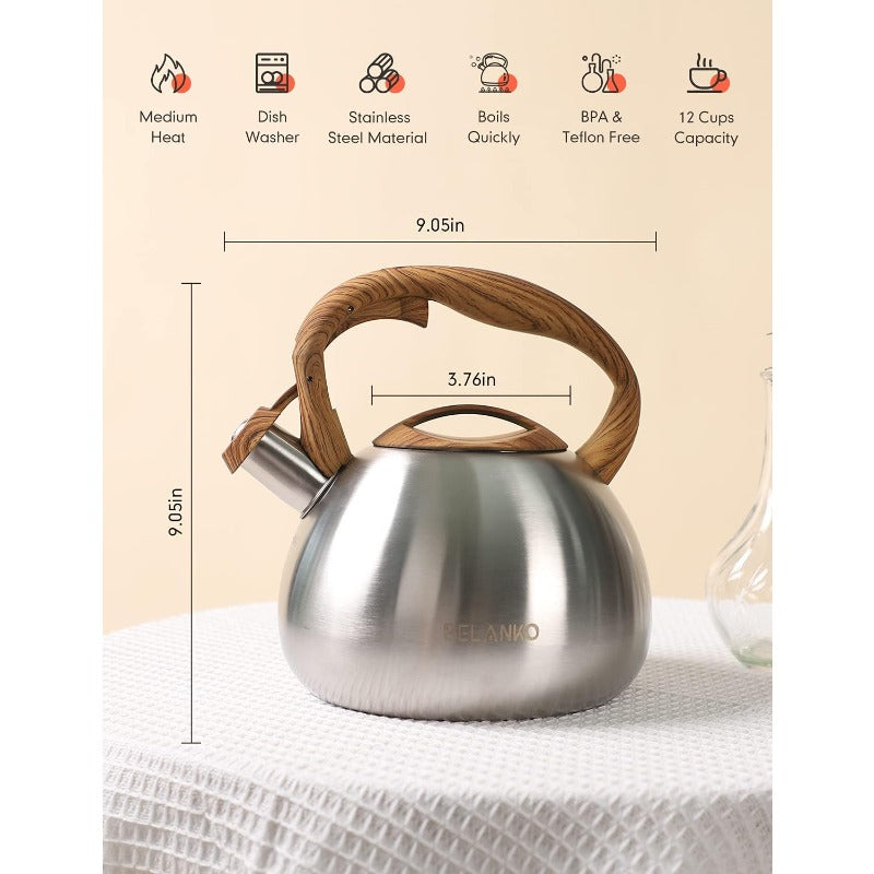 2. 7 Quart Tea Kettle for Stovetops - Food Grade Stainless Steel Teapot with Loud Whistle And Cool-Touch Wood Pattern Handle, Rust-Resistant Whistling Kettle - Classic Silver