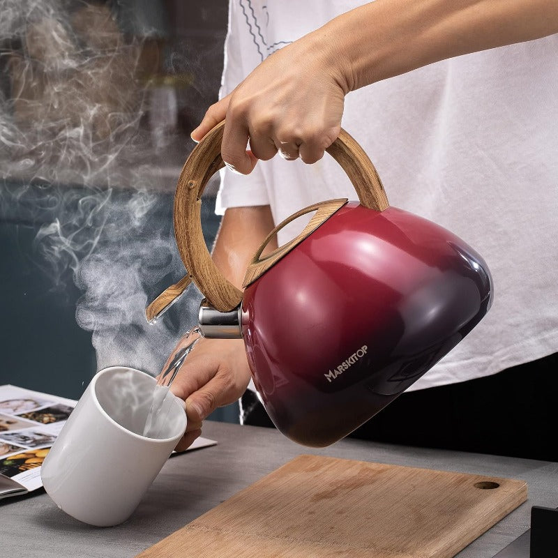 2.6 Quart\u002F24-Cup Stovetop Whistling Tea Kettle - Heavy-Duty Stainless Steel Teapot with One-Touch Pouring, -Hot Handle & Loud Whistle, Induction\u002F\u002F Compatible, Red - Food-Grade PFOA-Free Kettle for Large Families