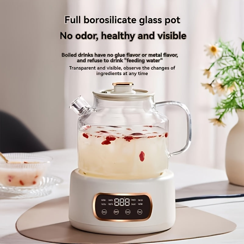 US-Specific All-Glass Health Pot Features a High Borosilicate Glass Body and Lid for Healthier Use Without Metal Contact. The Smart Touch Panel Supports 8 Functions Including Boiling Water, Brewing Tea, and Stewing Desserts, with Ample Capacity to