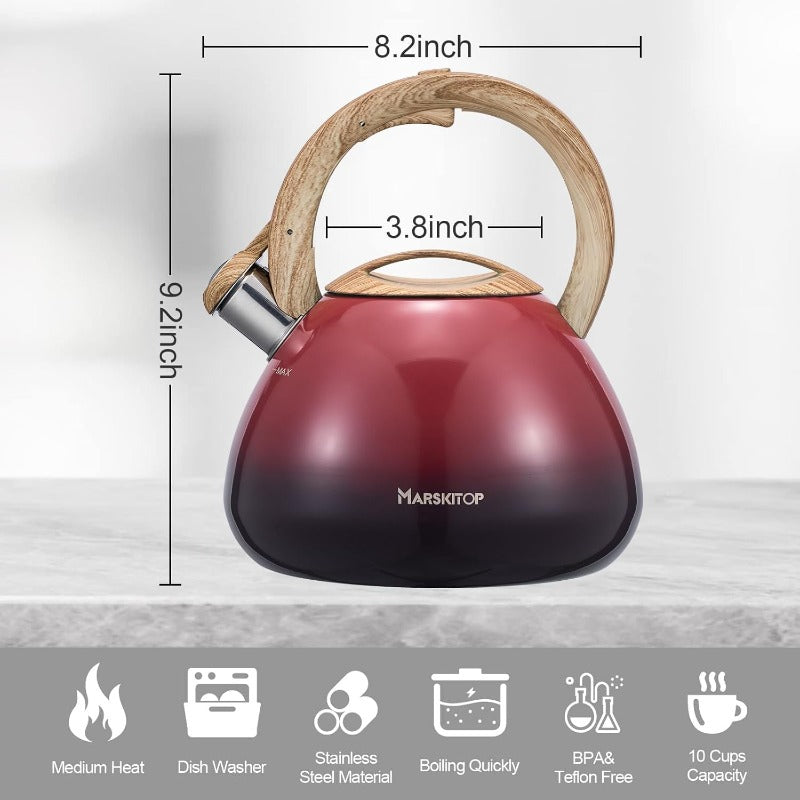 2.6 Quart\u002F24-Cup Stovetop Whistling Tea Kettle - Heavy-Duty Stainless Steel Teapot with One-Touch Pouring, -Hot Handle & Loud Whistle, Induction\u002F\u002F Compatible, Red - Food-Grade PFOA-Free Kettle for Large Families