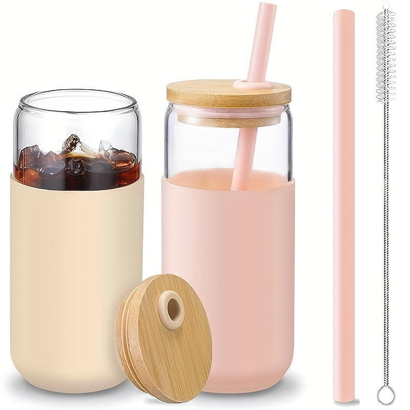 2pcs 20Oz U-Shaped Glass Cup Set with Lids, 2 -Grade Straws & Brushes, Pearl Cotton Boxed Glass Cups for Juice, Coffee, Smoothies, Party Drinks – Perfect Gift Idea